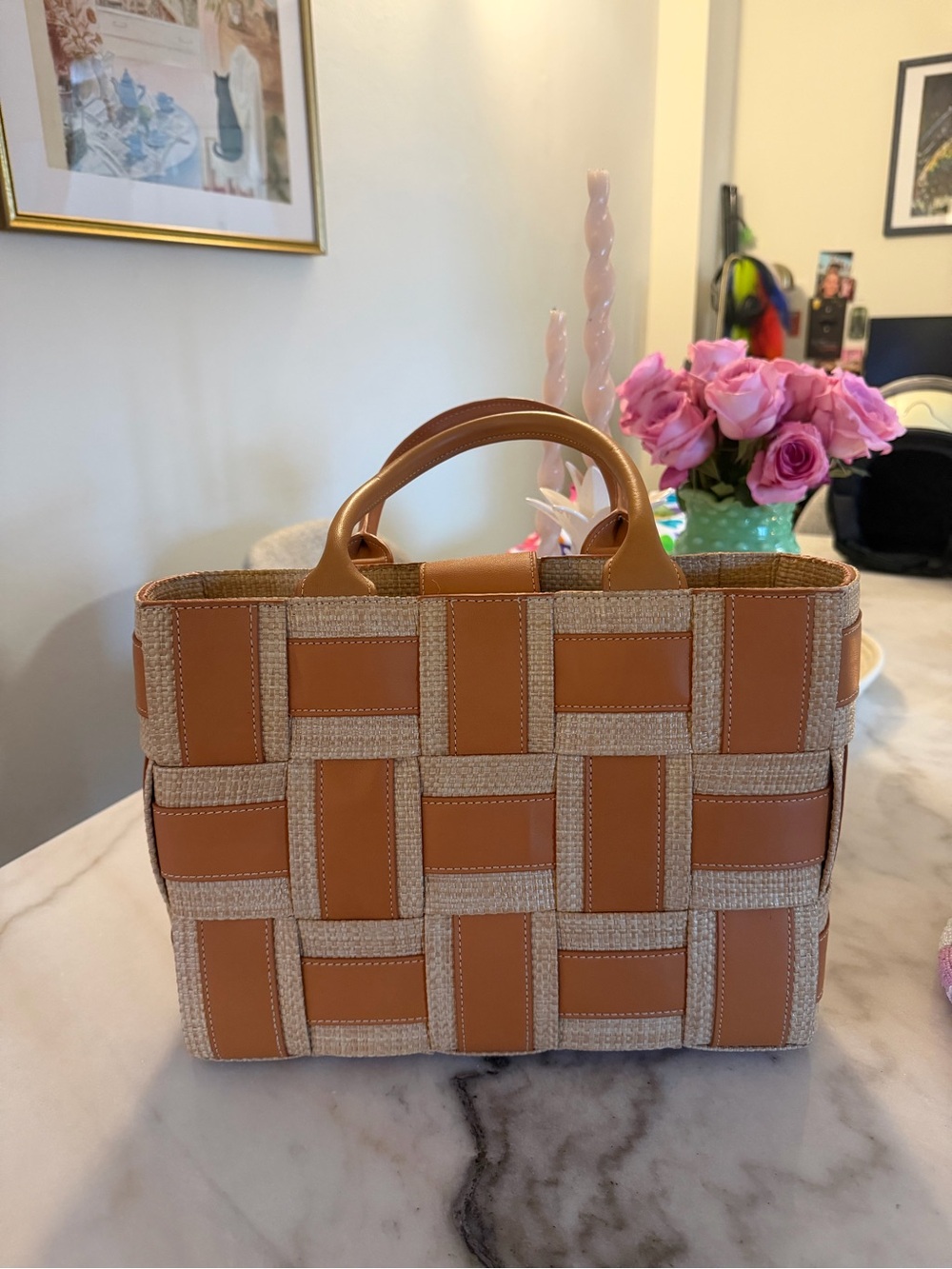 Woven Leather-Trim Tote Bag in Tan - Picture 2 of 5